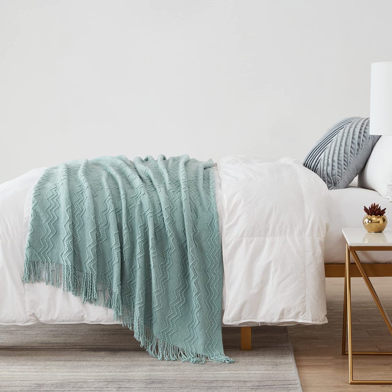 BOURINA Throw Blanket Textured Solid Soft Sofa Throw Couch Cover Knitted Decorative Blanket  50 x90 Inches Aqua - Image 5
