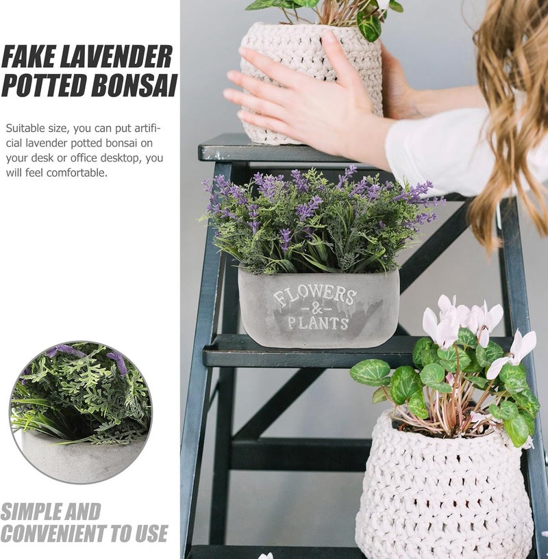 Faux Lavender Potted Bonsai with Cement Planter, Mini Simulation Lavender Plant for Home Desk Décor, Purple Artificial Flower Ornament for Office Balcony Decoration - Image 3