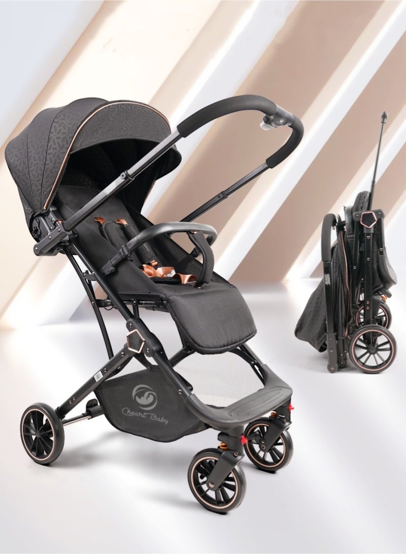 Cheart Baby Reversible Baby Stroller 0-5 Years, Portable Travel Toddler Stroller, Directional Front Wheels  with Independent Braking System, Golden Triangle Structure, Airplane Approved Carriage, Black with Gold - Image 1