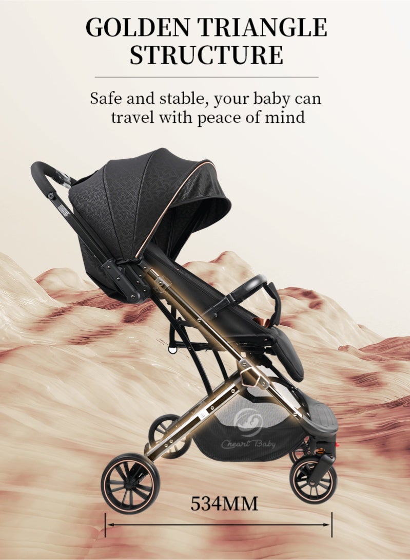 Cheart Baby Reversible Baby Stroller 0-5 Years, Portable Travel Toddler Stroller, Directional Front Wheels  with Independent Braking System, Golden Triangle Structure, Airplane Approved Carriage, Black with Gold - Image 4