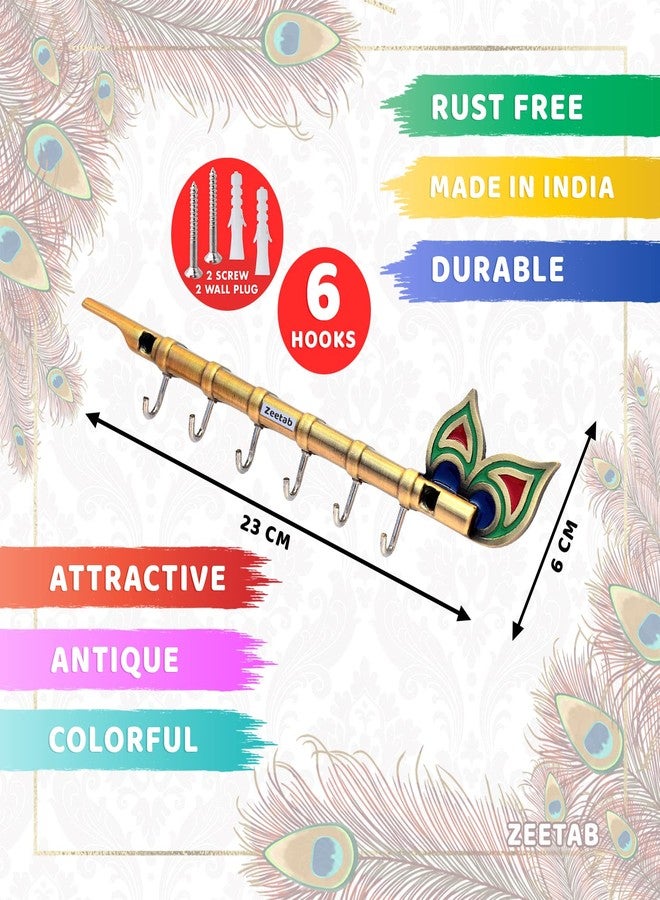 Zeetab Lord Krishna Key Holder & Hanger with Diamond, Metal Peacock Flute Key Stand with 6 Hook Wall Mount, Home Decor Gift (Krishna Flute Antique) - Image 3