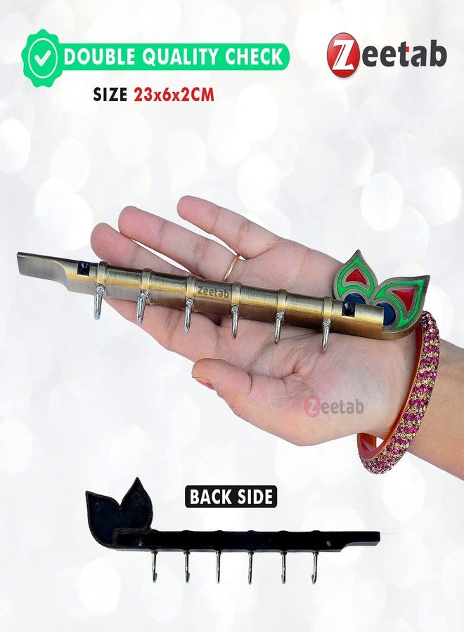 Zeetab Lord Krishna Key Holder & Hanger with Diamond, Metal Peacock Flute Key Stand with 6 Hook Wall Mount, Home Decor Gift (Krishna Flute Antique) - Image 4