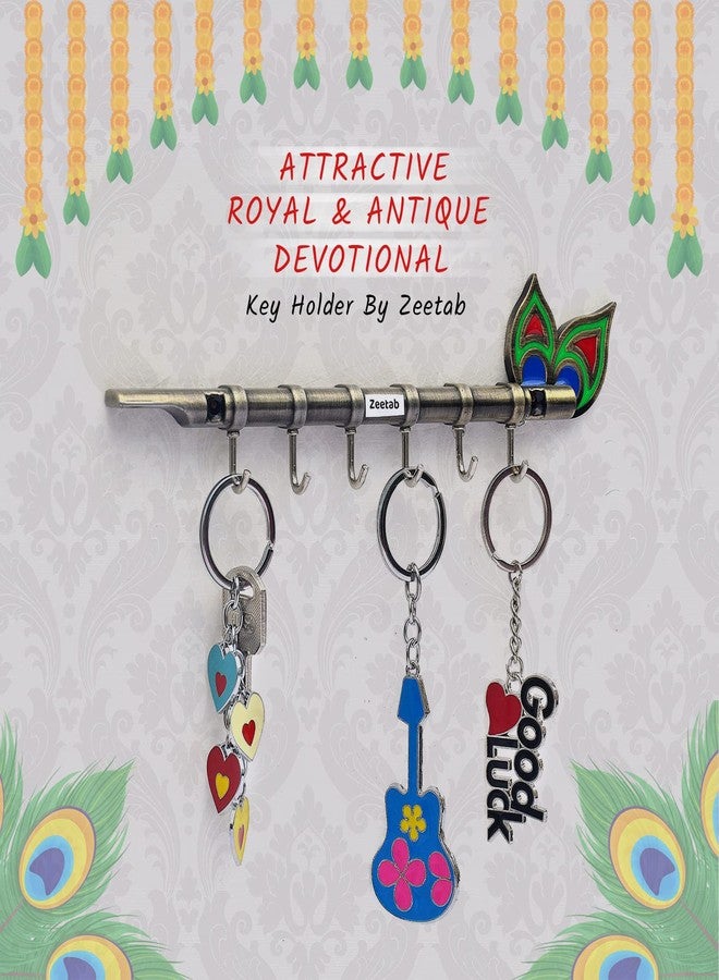 Zeetab Lord Krishna Key Holder & Hanger with Diamond, Metal Peacock Flute Key Stand with 6 Hook Wall Mount, Home Decor Gift (Krishna Flute Antique) - Image 5