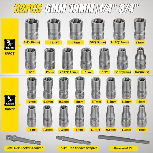 Topec 32PCS Bolt Extractor Kit, Stripped Bolt Extractor Socket Set, 6mm-19mm (1/4" to 3/4") Rounded Bolt Remover, Easy Out Bolt Extractor Set for Broken Bolt Nuts - Image 3