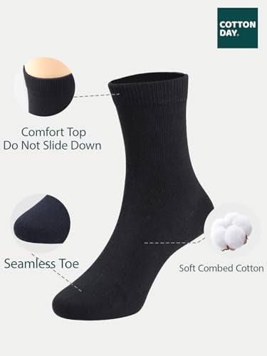 COTTON DAY Unisex Little Kids Youth Boys Girls Soft Cotton Crew Dress Socks Seamless Toe 6 Pack 10-12 years Plain Black XL (12) - Image 2