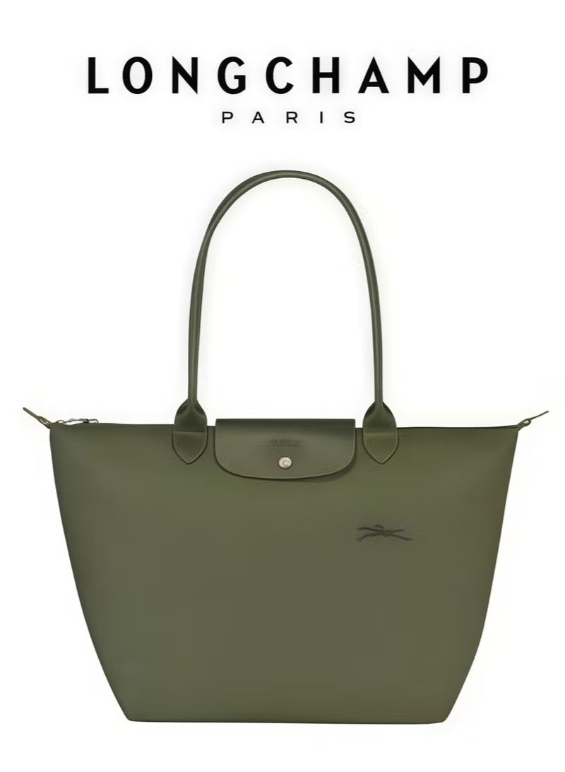 Longchamp Women’s Camera Shoulder Bag | Large Capacity Tote | Recycled Polyamide Canvas | Leather Trim | Zip Closure | 28cm Forest Green - Image 1