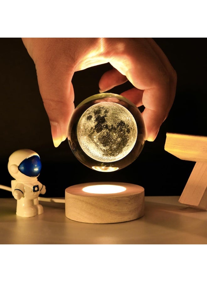 3D Moon Crystal Ball with LED Stand, Moon Figurine Decor Glass Sphere Lamp, Space Planet Globe Night Light Gifts for Women Men Mom Kids - Image 3