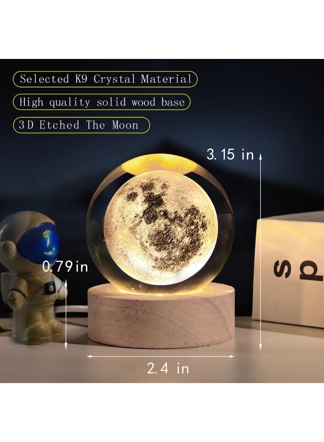 3D Moon Crystal Ball with LED Stand, Moon Figurine Decor Glass Sphere Lamp, Space Planet Globe Night Light Gifts for Women Men Mom Kids - Image 2