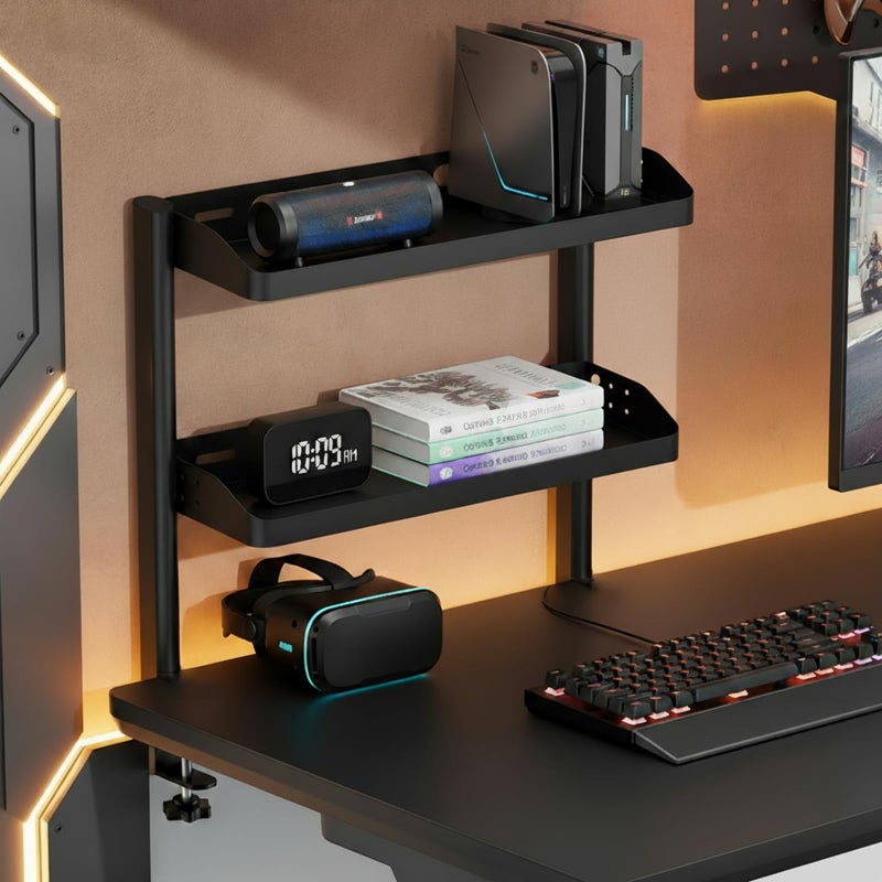 DEARPER Clamp on Desk Shelf, 2-Tier Office Desk Shelves Organizer, 17in Small Shelf for Top of Desk with Headphone Holder and Hooks, Desktop Storage Rack for Home Workspace, Study Rooms, Gaming Accessories - Image 3