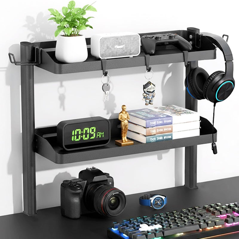 DEARPER Clamp on Desk Shelf, 2-Tier Office Desk Shelves Organizer, 17in Small Shelf for Top of Desk with Headphone Holder and Hooks, Desktop Storage Rack for Home Workspace, Study Rooms, Gaming Accessories - Image 1
