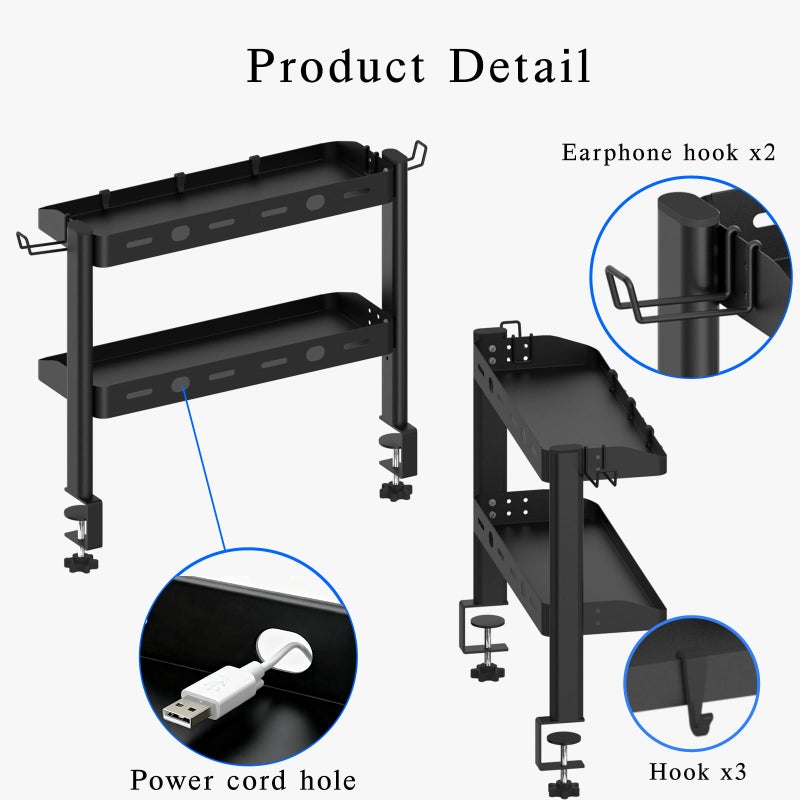 DEARPER Clamp on Desk Shelf, 2-Tier Office Desk Shelves Organizer, 17in Small Shelf for Top of Desk with Headphone Holder and Hooks, Desktop Storage Rack for Home Workspace, Study Rooms, Gaming Accessories - Image 2