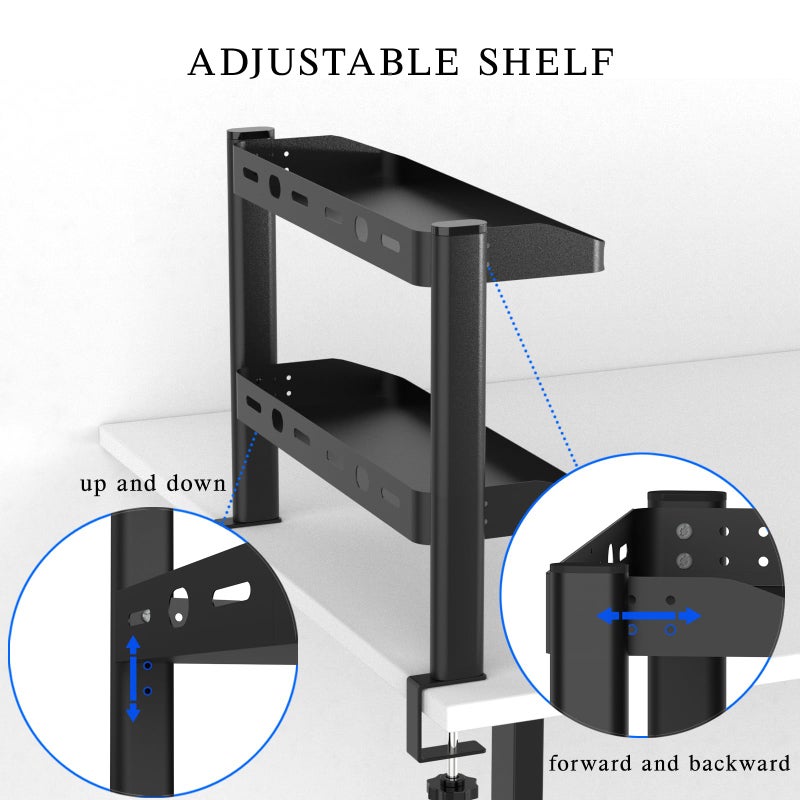 DEARPER Clamp on Desk Shelf, 2-Tier Office Desk Shelves Organizer, 17in Small Shelf for Top of Desk with Headphone Holder and Hooks, Desktop Storage Rack for Home Workspace, Study Rooms, Gaming Accessories - Image 5