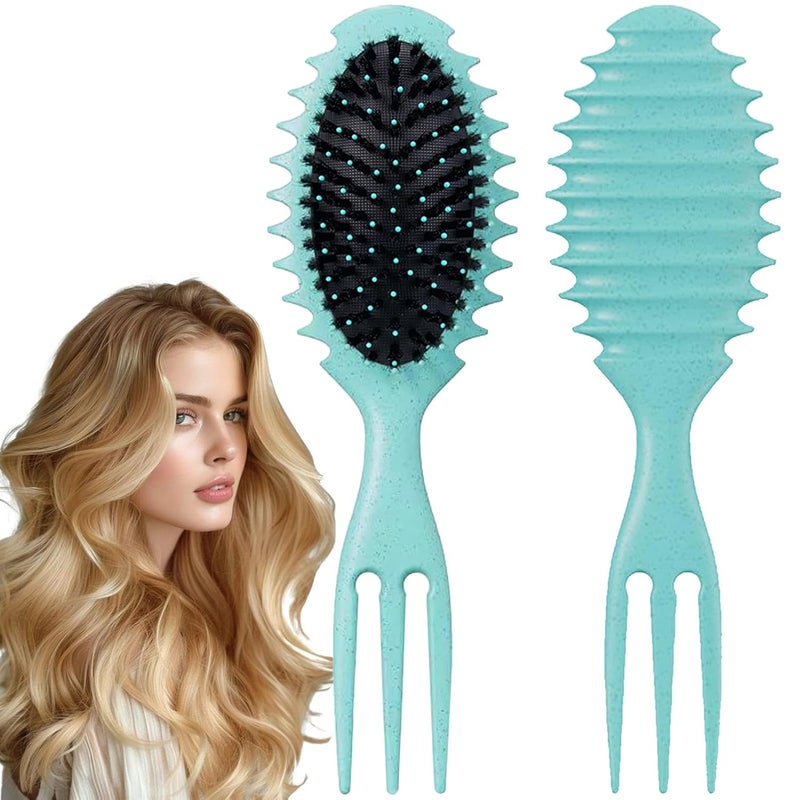 Goiple Curly Hair Brush Boar Bristle Curl Defining Brush  Unique Trident Handle Design for WetDry Hair Styling  Massage  Green