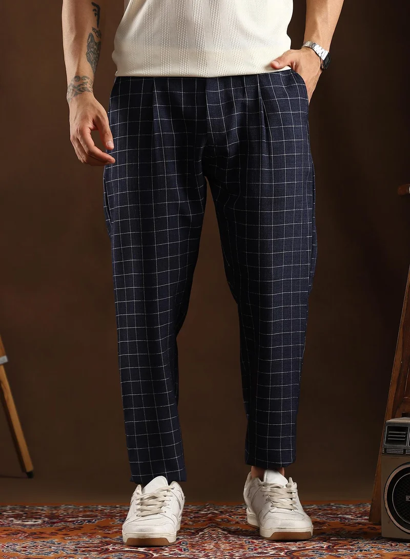Campus Sutra Men's Navy Blue Graph Tailored Trousers For Casual Wear | Mid-Rise | Regular Fit | Button Closure | Trousers Crafted With Comfort Fit For Everyday Wear