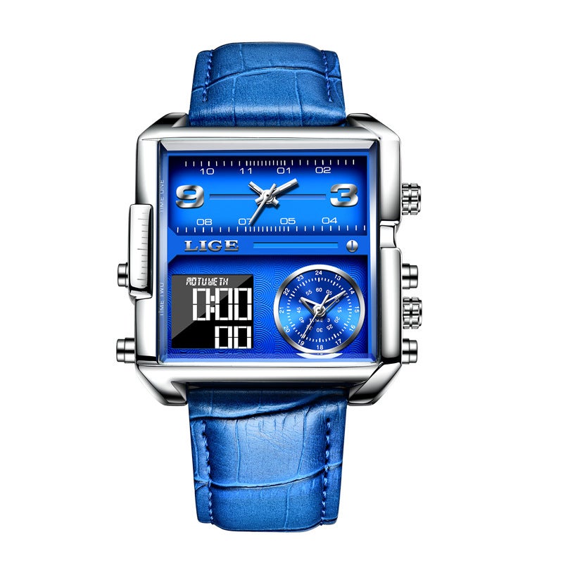 LIGE New Dual Display Quartz Watch, Multifunctional Waterproof Mens Wristwatch Silver Blue Belt