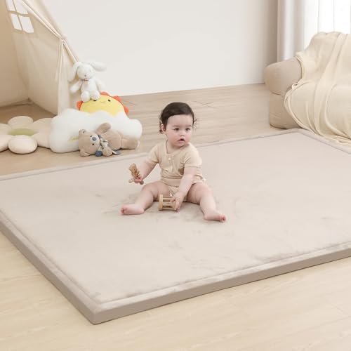 Baby Play Mat for Floor13 Thick Memory foam Tummy Time MatSoft Coral Velvet Nursery RugExtra Large Non Slip for CrawlingToddlersInfantskidsTatami Style for Living RoomBeige