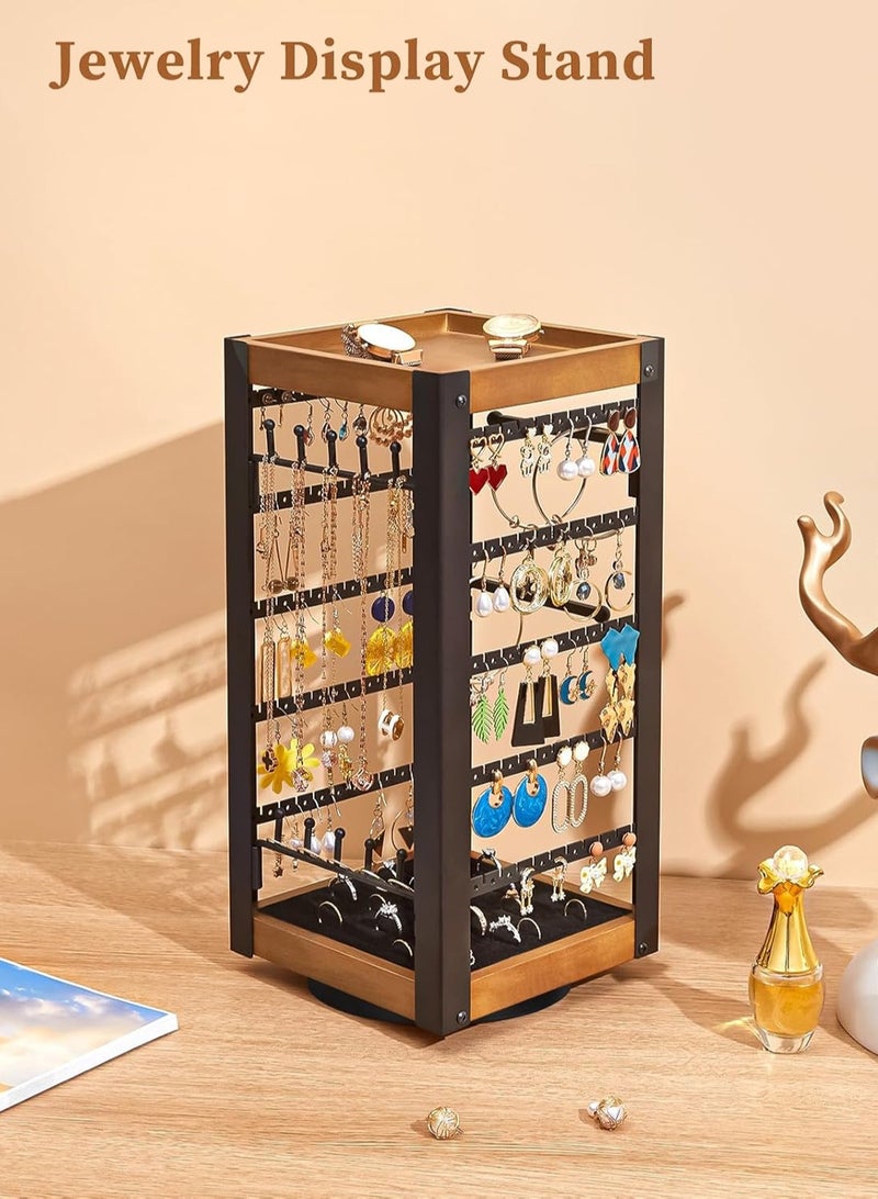 LOOPITYS Rotating Earring Holder, Jewelry Holder Organizer with Ring Tray/Necklace/Bracelet Hooks, 360°Earring Organizer with Stable Bamboo Base for Jewelry Display - Image 1