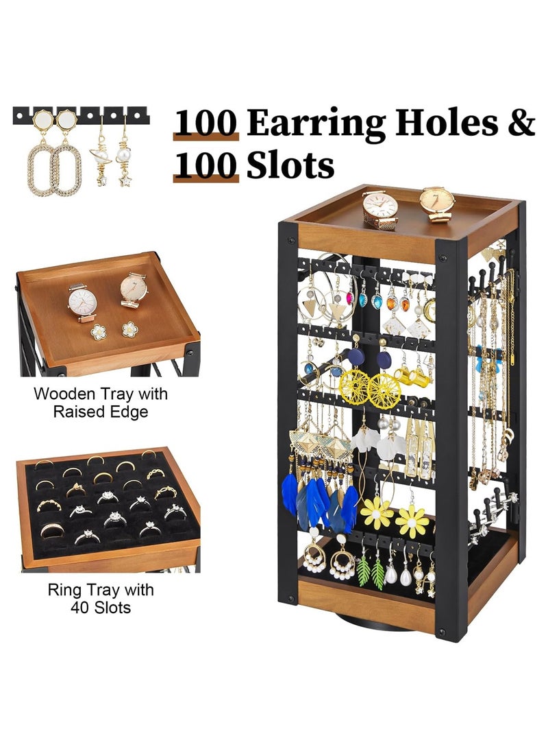 LOOPITYS Rotating Earring Holder, Jewelry Holder Organizer with Ring Tray/Necklace/Bracelet Hooks, 360°Earring Organizer with Stable Bamboo Base for Jewelry Display - Image 3