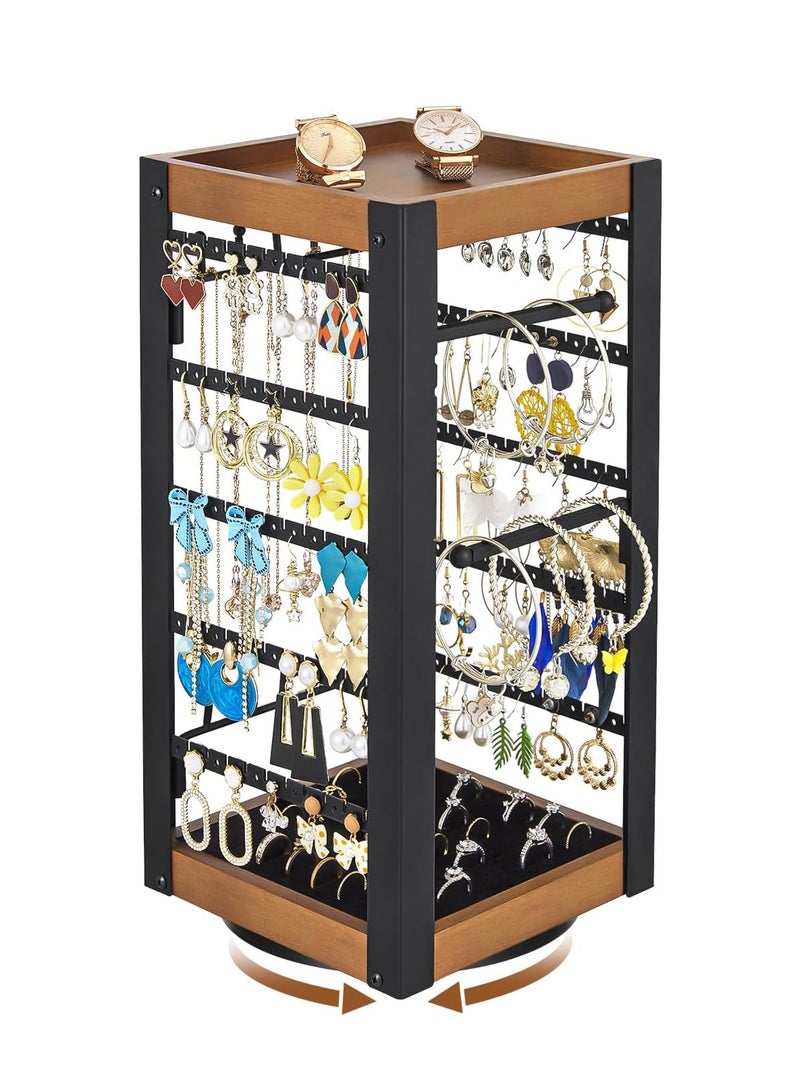 LOOPITYS Rotating Earring Holder, Jewelry Holder Organizer with Ring Tray/Necklace/Bracelet Hooks, 360°Earring Organizer with Stable Bamboo Base for Jewelry Display - Image 2