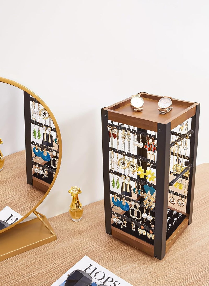 LOOPITYS Rotating Earring Holder, Jewelry Holder Organizer with Ring Tray/Necklace/Bracelet Hooks, 360°Earring Organizer with Stable Bamboo Base for Jewelry Display - Image 5