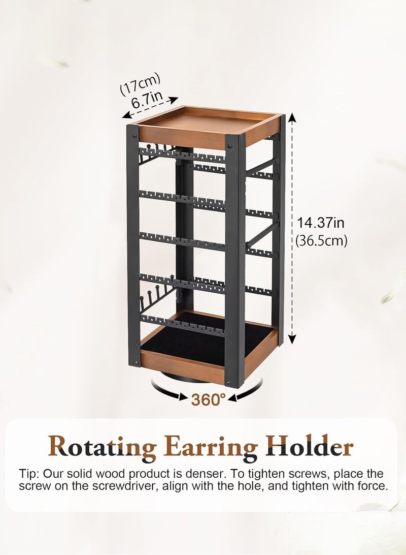 LOOPITYS Rotating Earring Holder, Jewelry Holder Organizer with Ring Tray/Necklace/Bracelet Hooks, 360°Earring Organizer with Stable Bamboo Base for Jewelry Display - Image 4