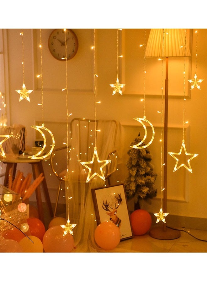 keke LED 5 pointed Star and Crescent Curtain String Waterproof Fairy Lights with Remote, Battery + USB Dual Power  - Image 1