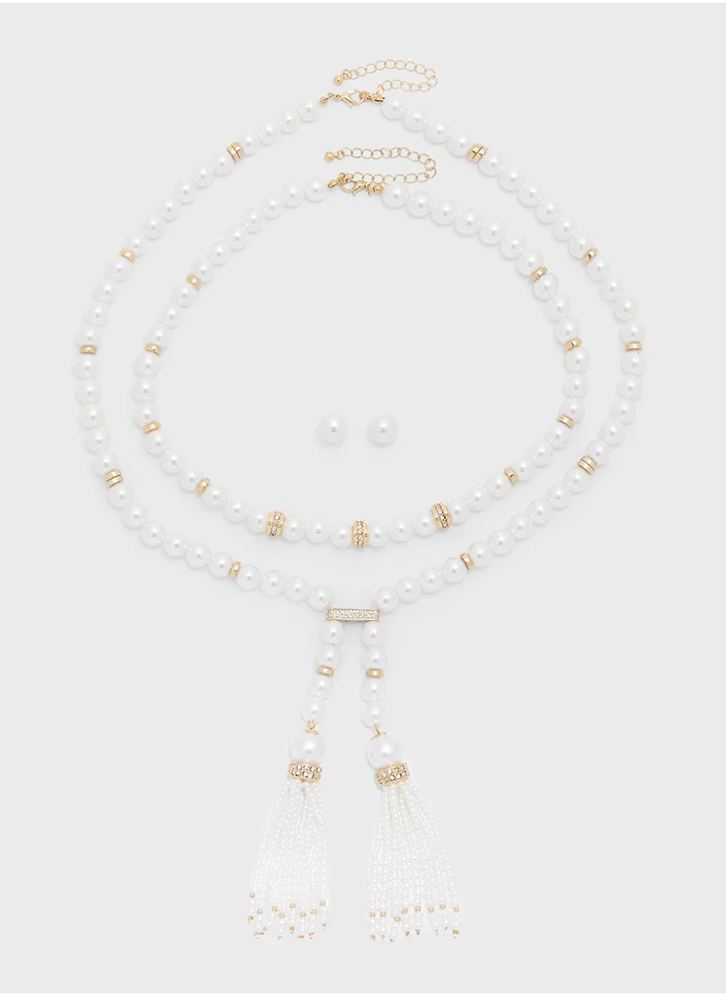 Khizana Lariat Pearl Necklace And Stud Earrings Set