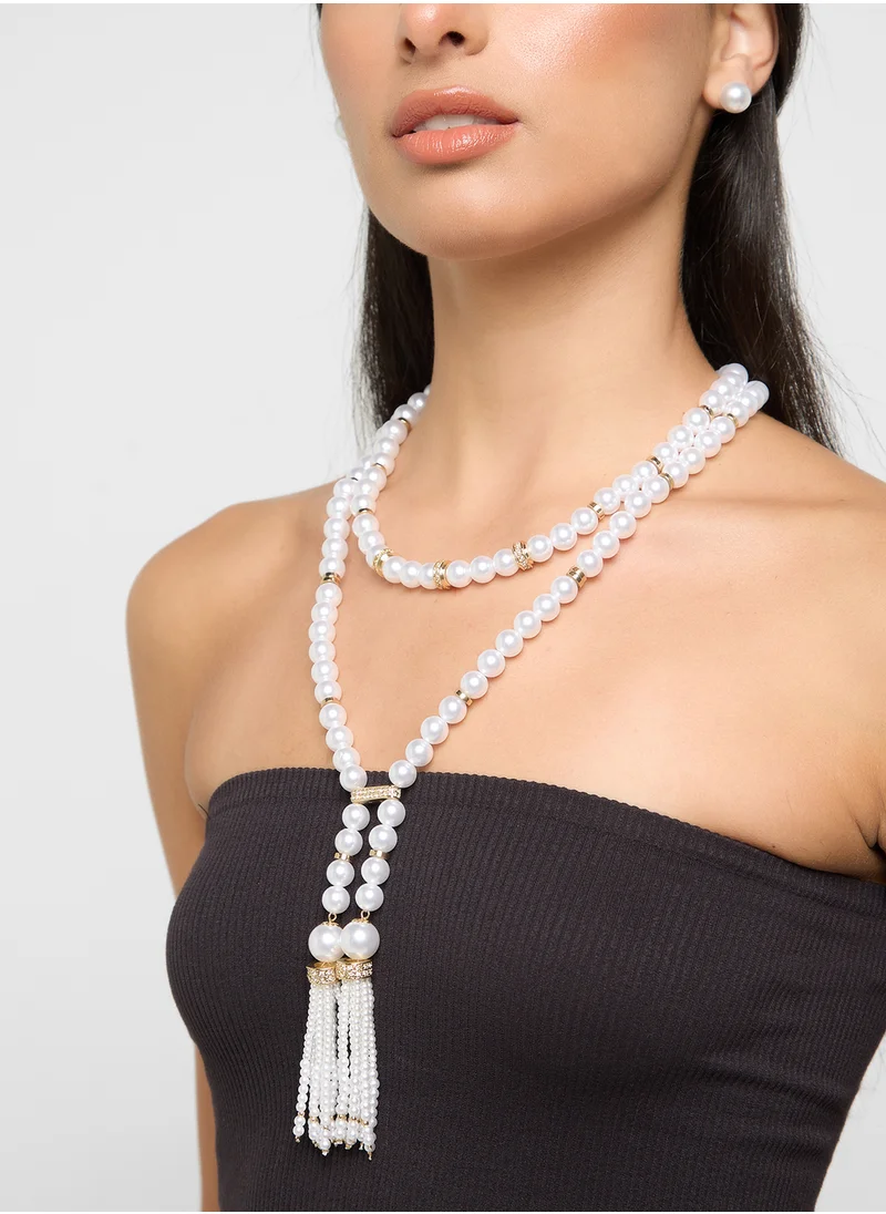 Khizana Lariat Pearl Necklace And Stud Earrings Set