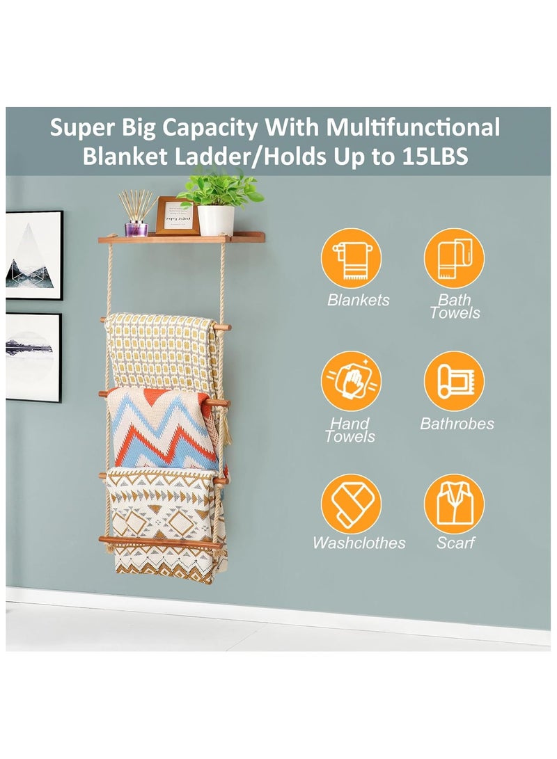 NANAO 5-Tier Blanket Ladder Wooden,Blanket Quilt Holder Rack Decorative Ladder, Easy Assembly, Rustic Farmhouse Ladder Shelf for The Living Room Bedroom Bathroom Home Decor, Brown - Image 4