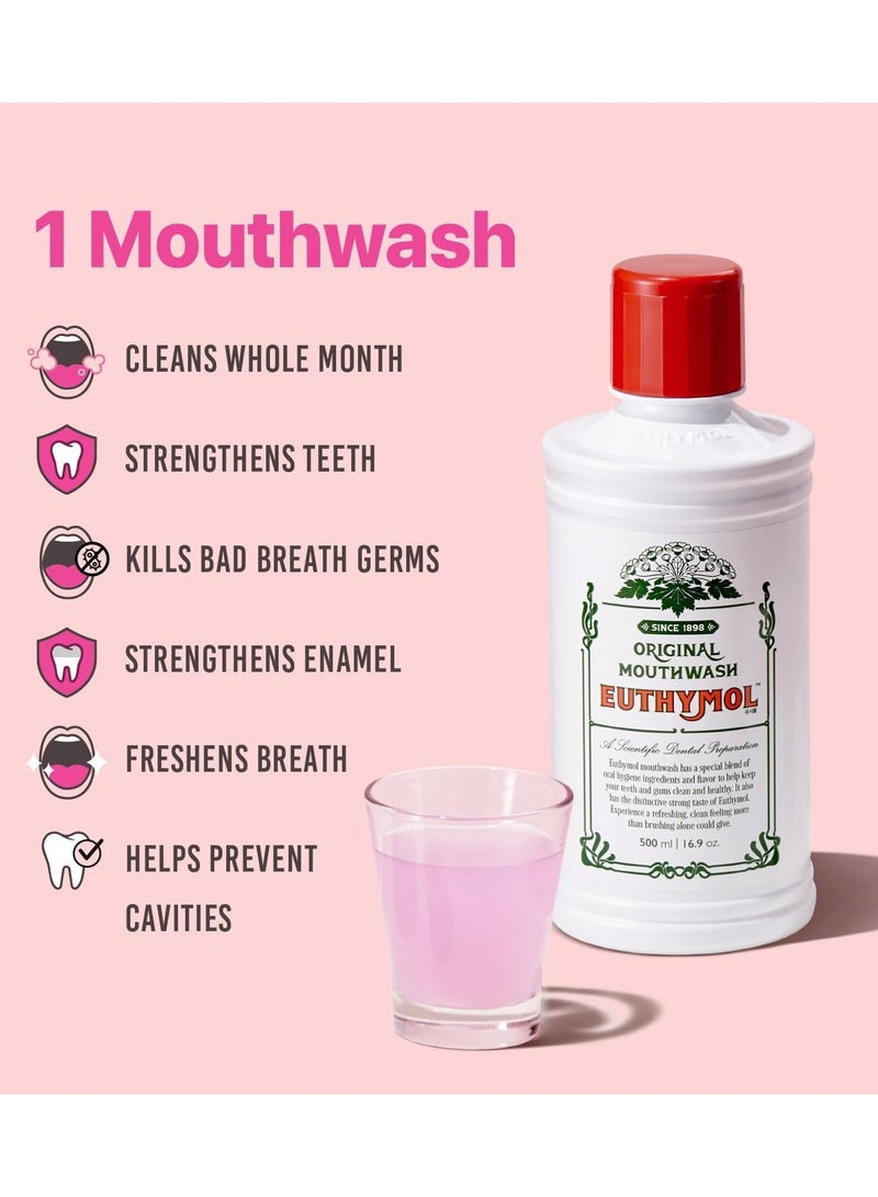 Euthymol Mouthwash ICY Mint 500ml, Contains Fluoride, Alcohol-Free, Distinctive Strong Taste Flavour, Reduce Plaque Gingival Clean Healthy Teeth Gums, Freshens Breath Refreshing Daily Oral Dental Care - Image 3