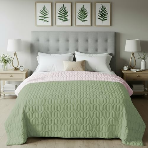 Urban Space Ultra Soft Quilted Winter Solid Comforters for Single Bed | 200 GSM | Fluffy Microfibre Reversible Solid AC Blanket/Duvet for Luxury (Sage Green & Blush - 58" X 88" or 145 x 225 cm) - Image 1