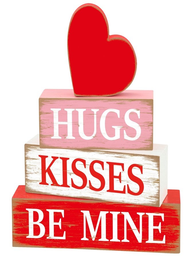 Fairooth 4 Pcs Valentines Day Wooden Signs Heart Table Block Sign Hugs Kisses Wood Tabletop Centerpiece Rustic Farmhouse Valentines Tiered Tray Decor for Valentine Wedding Party Home Office Shelf Table Decor - Image 1