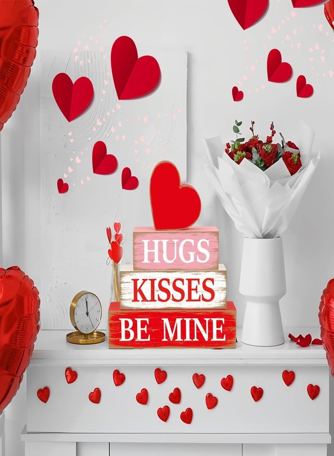 Fairooth 4 Pcs Valentines Day Wooden Signs Heart Table Block Sign Hugs Kisses Wood Tabletop Centerpiece Rustic Farmhouse Valentines Tiered Tray Decor for Valentine Wedding Party Home Office Shelf Table Decor - Image 5