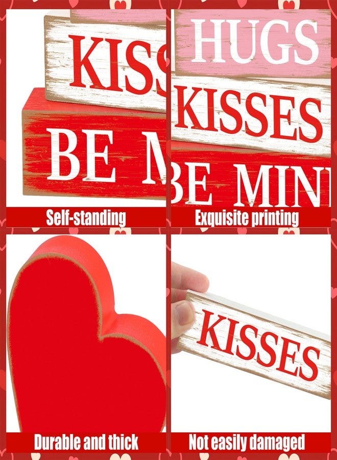 Fairooth 4 Pcs Valentines Day Wooden Signs Heart Table Block Sign Hugs Kisses Wood Tabletop Centerpiece Rustic Farmhouse Valentines Tiered Tray Decor for Valentine Wedding Party Home Office Shelf Table Decor - Image 3