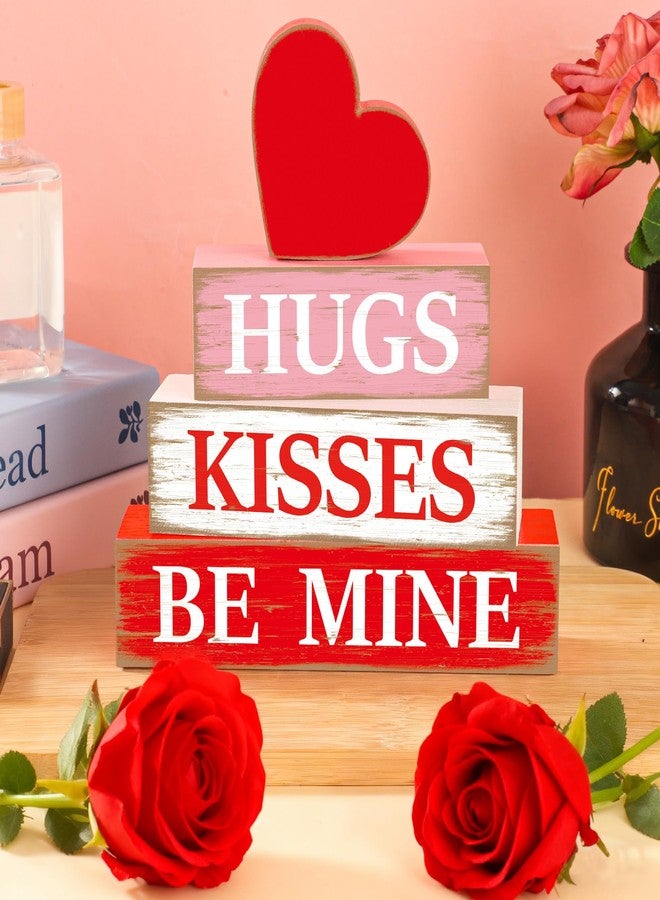 Fairooth 4 Pcs Valentines Day Wooden Signs Heart Table Block Sign Hugs Kisses Wood Tabletop Centerpiece Rustic Farmhouse Valentines Tiered Tray Decor for Valentine Wedding Party Home Office Shelf Table Decor - Image 4