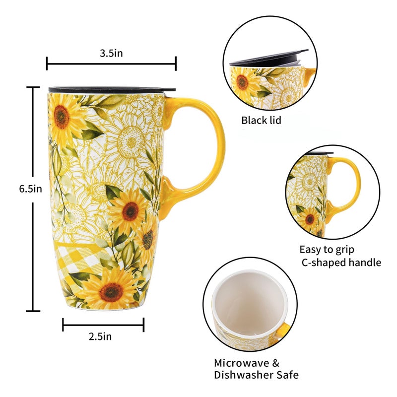 Topadorn Ceramic Coffee Travel Mug with Lid and Handle, Reusable 17 Oz Large Porcelain Latte Teacup with Color Box, Splash Resistant Lid - To Go Tumbler for Car Cup Holder, Sunflower - Image 5