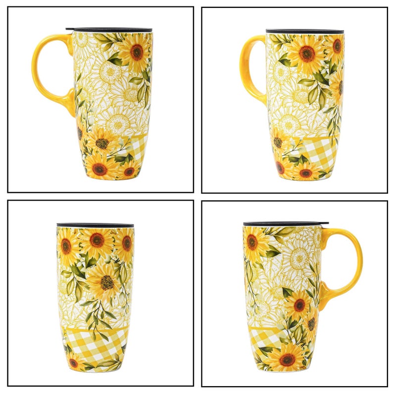 Topadorn Ceramic Coffee Travel Mug with Lid and Handle, Reusable 17 Oz Large Porcelain Latte Teacup with Color Box, Splash Resistant Lid - To Go Tumbler for Car Cup Holder, Sunflower - Image 3