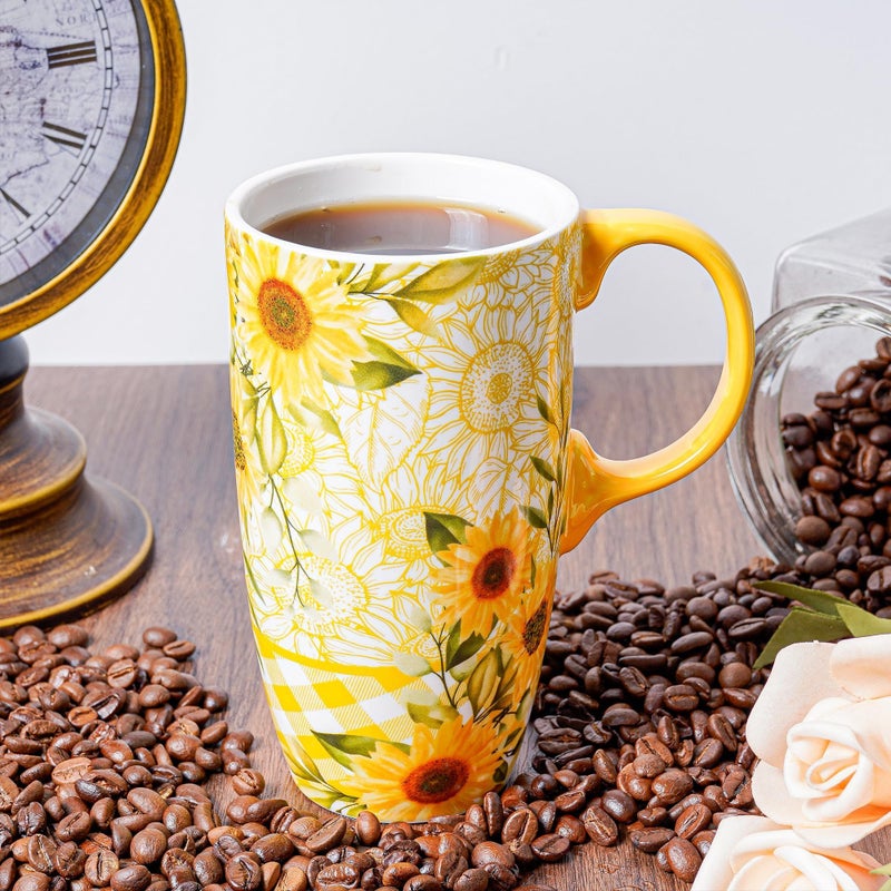 Topadorn Ceramic Coffee Travel Mug with Lid and Handle, Reusable 17 Oz Large Porcelain Latte Teacup with Color Box, Splash Resistant Lid - To Go Tumbler for Car Cup Holder, Sunflower - Image 1
