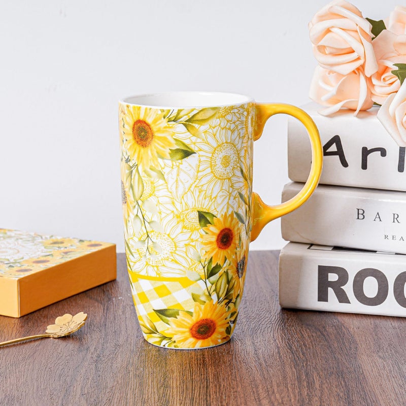 Topadorn Ceramic Coffee Travel Mug with Lid and Handle, Reusable 17 Oz Large Porcelain Latte Teacup with Color Box, Splash Resistant Lid - To Go Tumbler for Car Cup Holder, Sunflower - Image 4