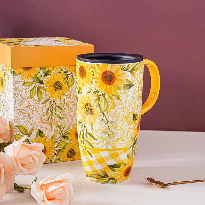 Topadorn Ceramic Coffee Travel Mug with Lid and Handle, Reusable 17 Oz Large Porcelain Latte Teacup with Color Box, Splash Resistant Lid - To Go Tumbler for Car Cup Holder, Sunflower - Image 2