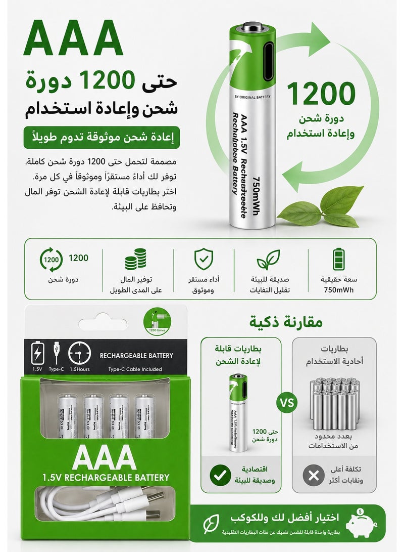 4PCS USB Type-C Rechargeable AAA Lithium-Ion Batteries – 1.5V Constant Output 750mWh High Capacity AAA Rechargeable Batteries, Fast Charging in 1–1.5 Hours, Up to 1200 Recharge Cycles, Leak Resistant Batteries for Remote Controls, Wireless Mouse, Keyboard, Toys, Blood Pressure Monitors, Electronic Scales, Radios, Alarm Clocks, Electric Shavers and Household Electronic Devices, Eco-Friendly Battery Replacement - Image 5