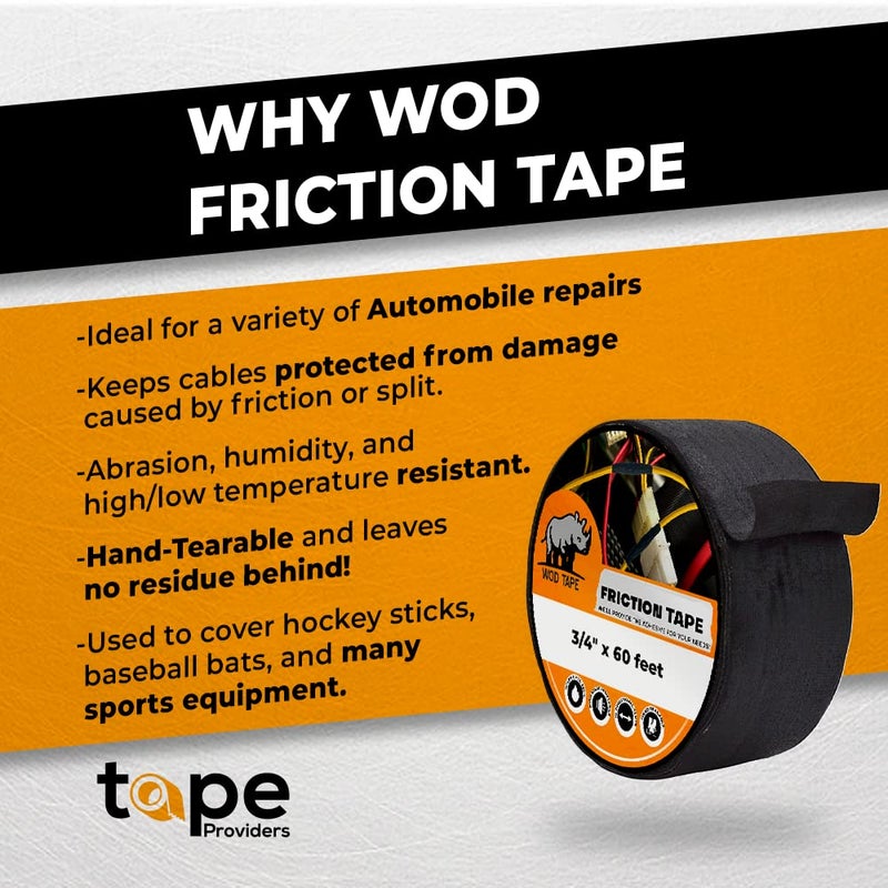 WOD Tape شريط الاحتكاك الأسود WOD FTC14، 3/4 بوصة × 60 قدم - شريط كهربائي لحزمة الأسلاك، شريط مقاوم لدرجات الحرارة العالية لكابلات محرك السيارات ومقبض قوي للرياضة. - Image 2
