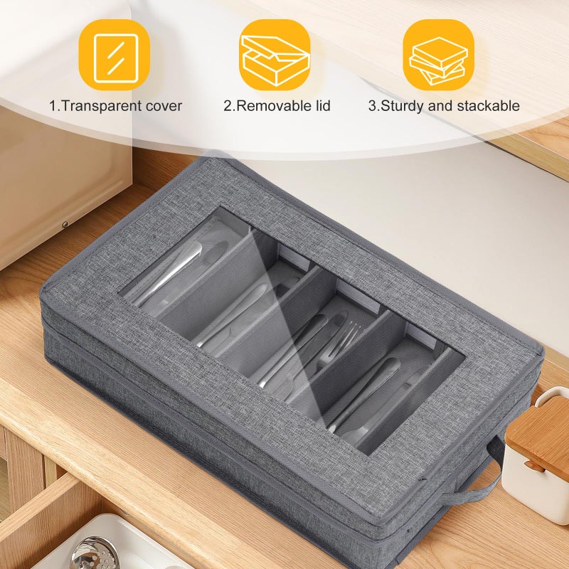 Lafulling Silverware Storage Box Chest, Flatware Storage Case, Utensil Storage Box with Removable Lid and Adjustable Dividers for Organizer Utensils, Cutlery, Flatware, Knives, Large Capacity Gray - Image 5