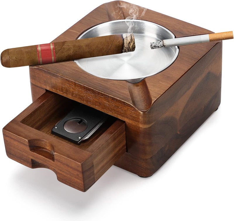 Wooden Cigar Ashtray with 4 Slots and Accessories Drawer - Image 1