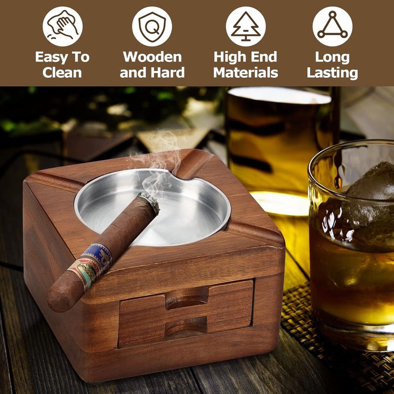 Wooden Cigar Ashtray with 4 Slots and Accessories Drawer - Image 5