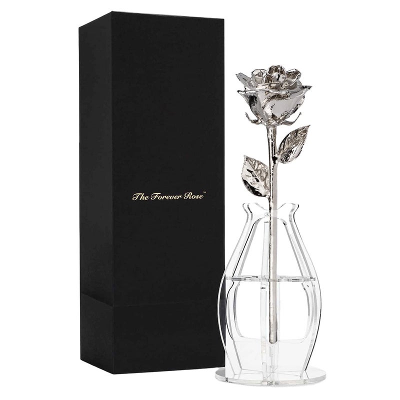 Forever Rose Bloom Box Bundle - a Genuine  One of a Kind  Real Rose Hand Dipped in Platinum with Beautiful Phantom Vase and Blooming Box - Image 1
