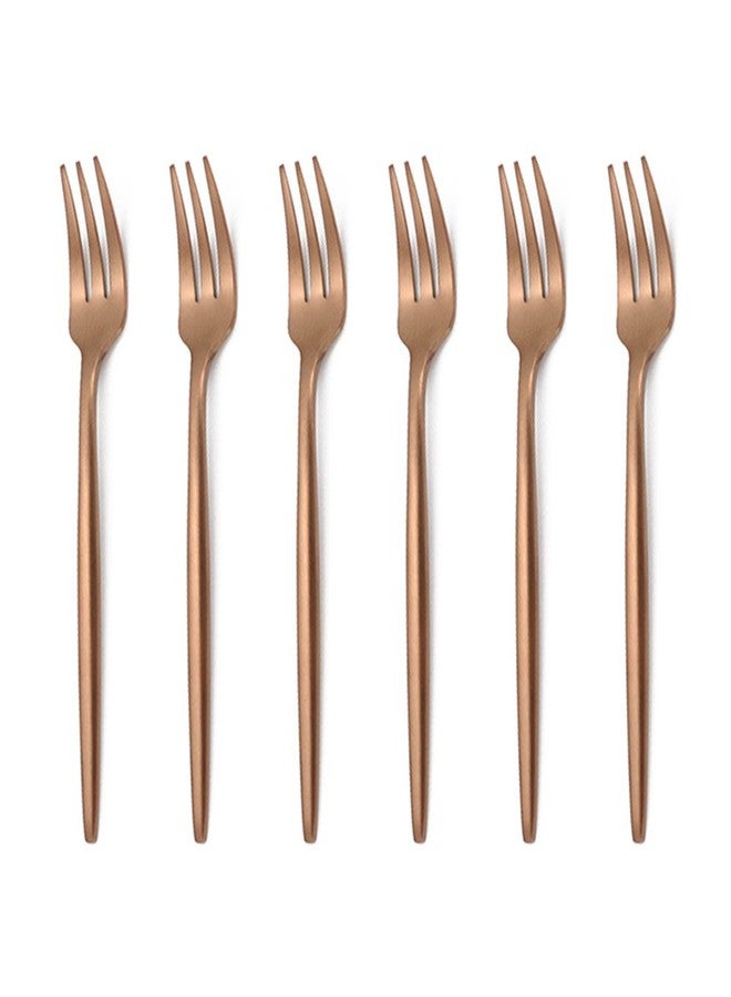 BRIIEC ROSE Gold 18/10 Stainles Steel Cake Forks Set 3 Tines Fruit Salad Fork, Slim Cutlery for Kitchen Hotel Restaurant Wedding Party, Matte Finish, Dishwasher Safe, Pack of 6 - Image 1