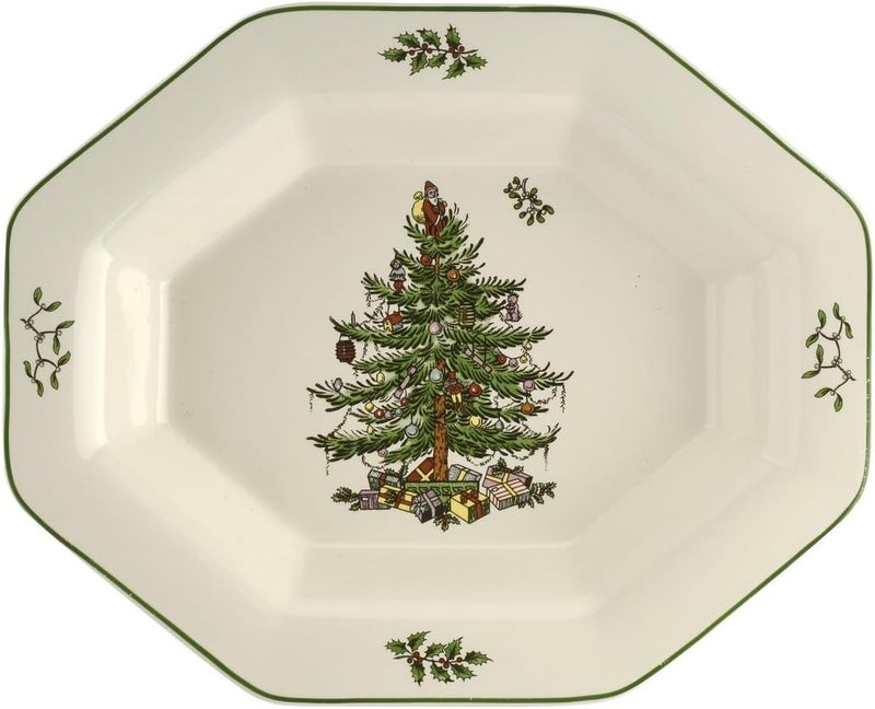 Spode Christmas Tree Octagonal Server  95 Inch Earthenware Serving Tray for Vegetables Chicken Holiday Dinners  Festive  Versatile Christmas Tableware for Hosting Seasonal Gatherings - Image 1