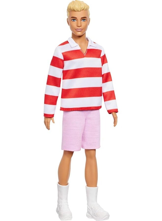 Barbie Fashionistas Ken Doll #241 with Blonde Hair Wearing Red and White Striped Polo Shirt with Pink Shorts, White Crew Socks and Sneakers - Image 4