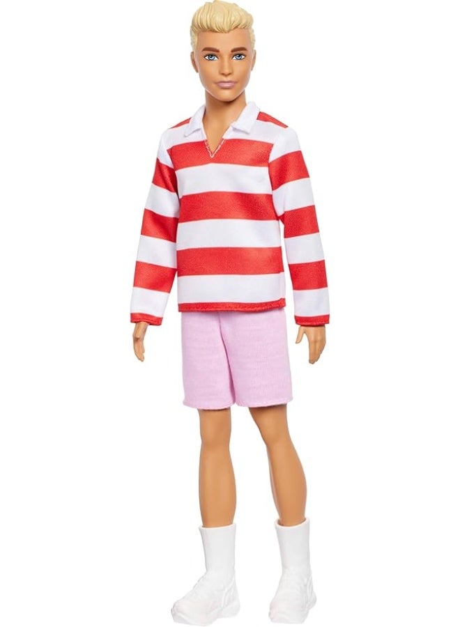 Barbie Fashionistas Ken Doll #241 with Blonde Hair Wearing Red and White Striped Polo Shirt with Pink Shorts, White Crew Socks and Sneakers - Image 1